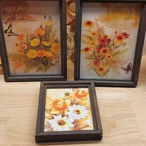Vintage Mexican Mini wooden Framed Art Flowers Butterflies MCM